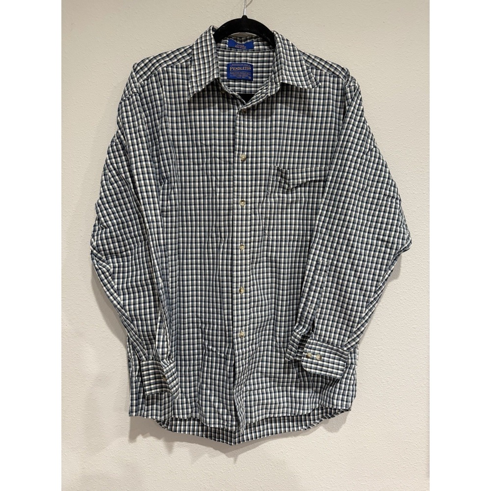 Pendleton Shirt Mens Medium White Navy‎ Button Down Plaid Cotton Casual Comfort
